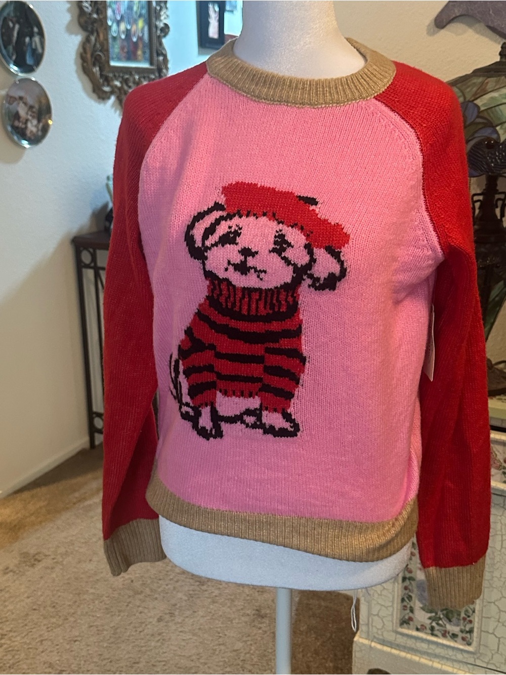 St. John's Bay Pink Sweater with Red Raglan Sleeves and Dog Motif